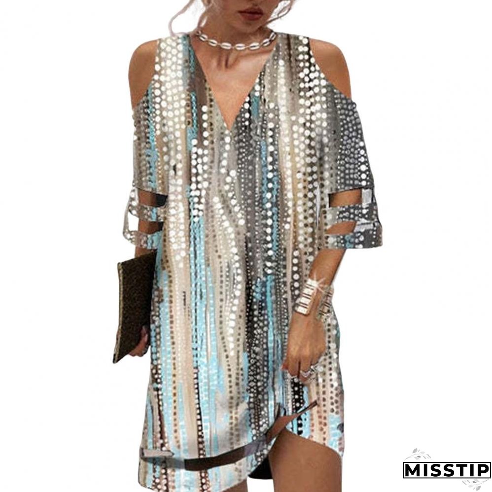 Summer Lace Cuff Hollow Out Short Sleeve Ladies Dress Floral Print Deep V Neck Mini Dress