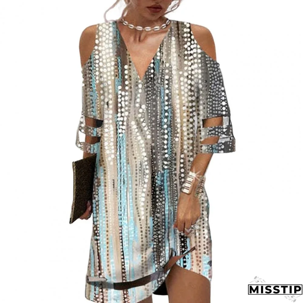 Summer Lace Cuff Hollow Out Short Sleeve Ladies Dress Floral Print Deep V Neck Mini Dress