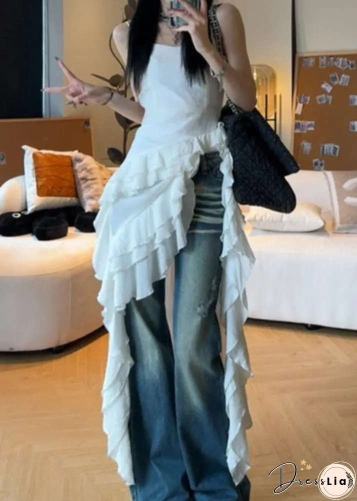 French White Ruffled Solid Cotton Spaghetti Strap Dresses Sleeveless