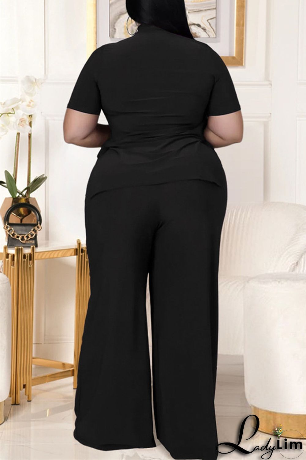 Black Fashion Casual Solid Bandage Slit Turtleneck Plus Size Two Pieces