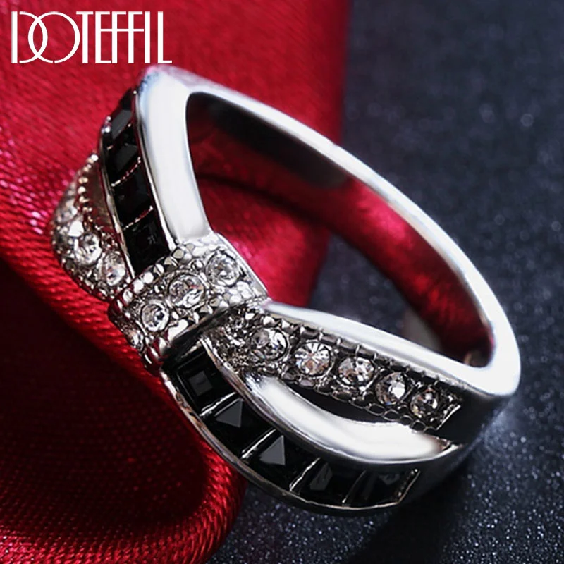 DOTEFFIL 925 Sterling Silver Black/Red/Blue Crystal Six Colors AAA Zircon Ring For Women Jewelry