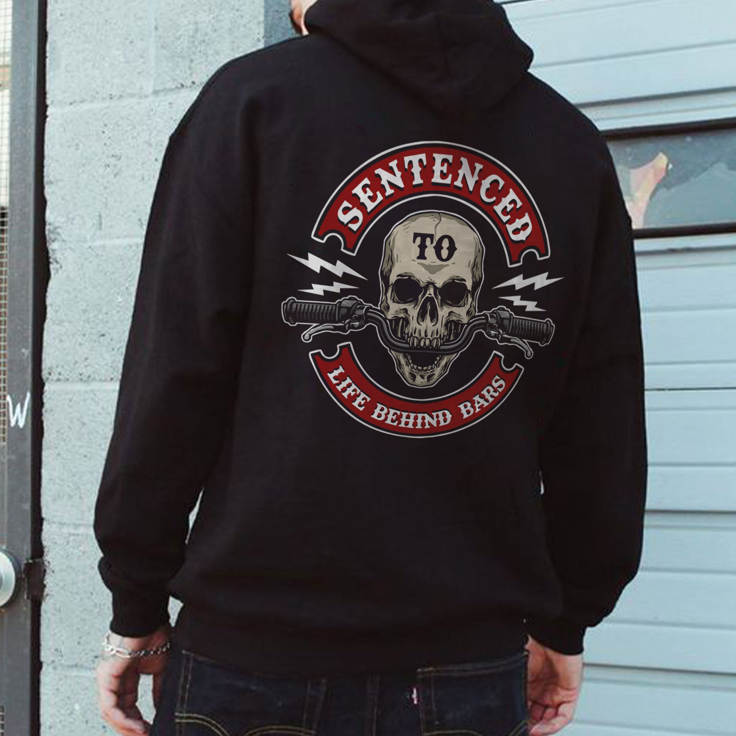 SENTENCED LIFE BEHIND BARS Skull with Motor Black Print Hoodie