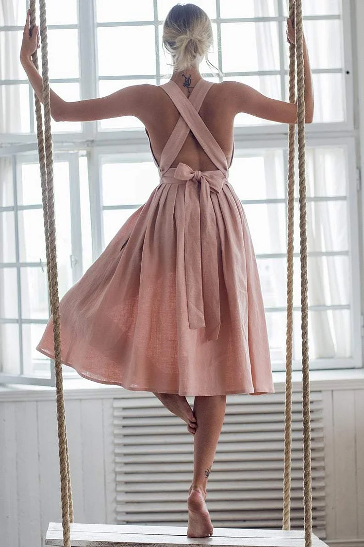 Cross Back Bow-tie /Lace Up Linen Dress