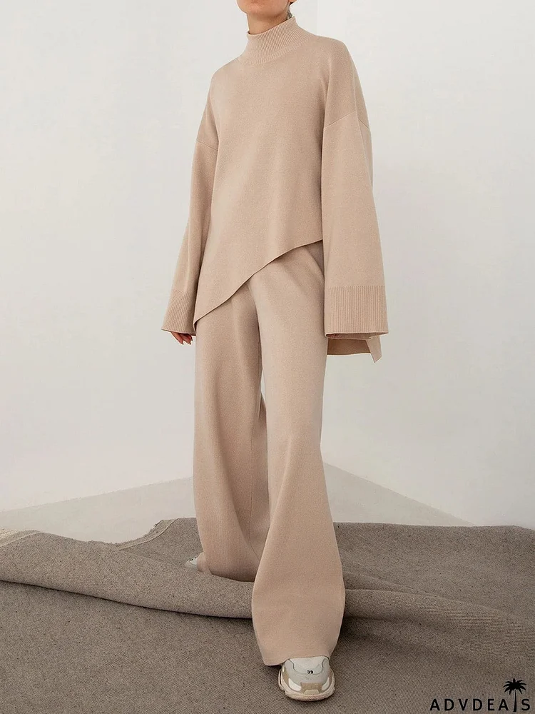 Asymmetrical Hem Knit Top and Pants Set