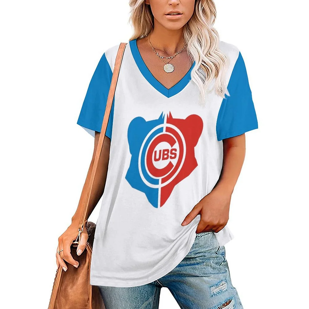 V-neck Short Sleeve Casual T-shirt for  Women Printed with Pattern,Blue,Red