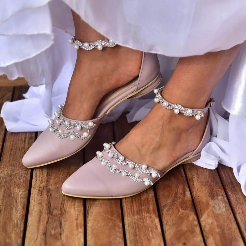 Light Pink Pointed Toe Pumps Leather Rhinestone Pearl Ankle Strap Flats Nicepairs