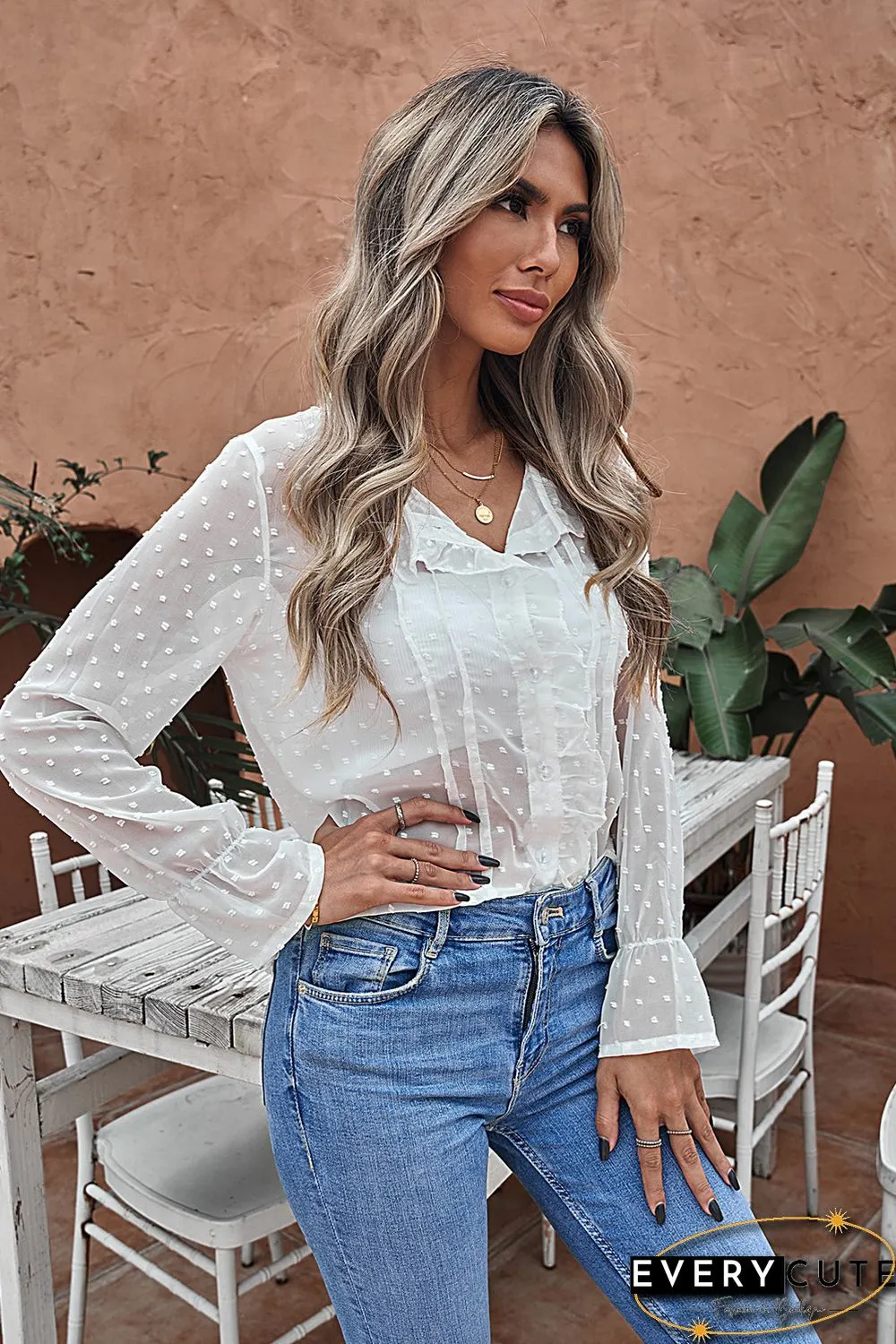 White Polka Dot Ruffled Buttoned Shirt