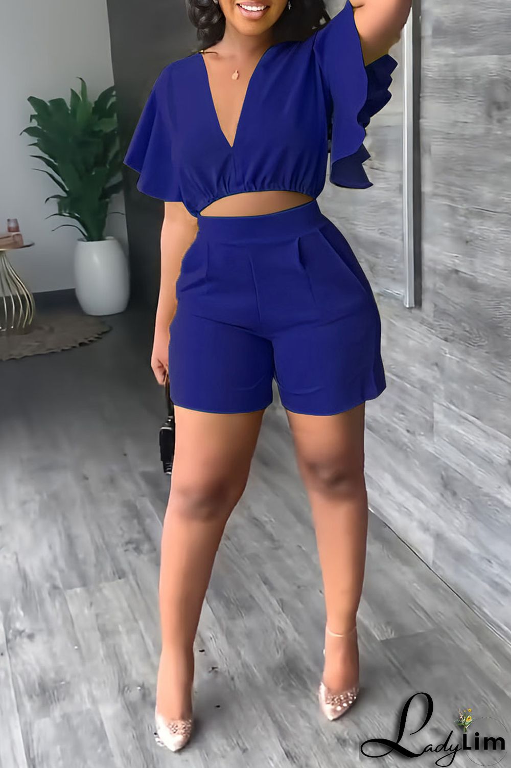 Blue Casual Solid Patchwork Flounce V Neck Short Sleeve Two Pieces