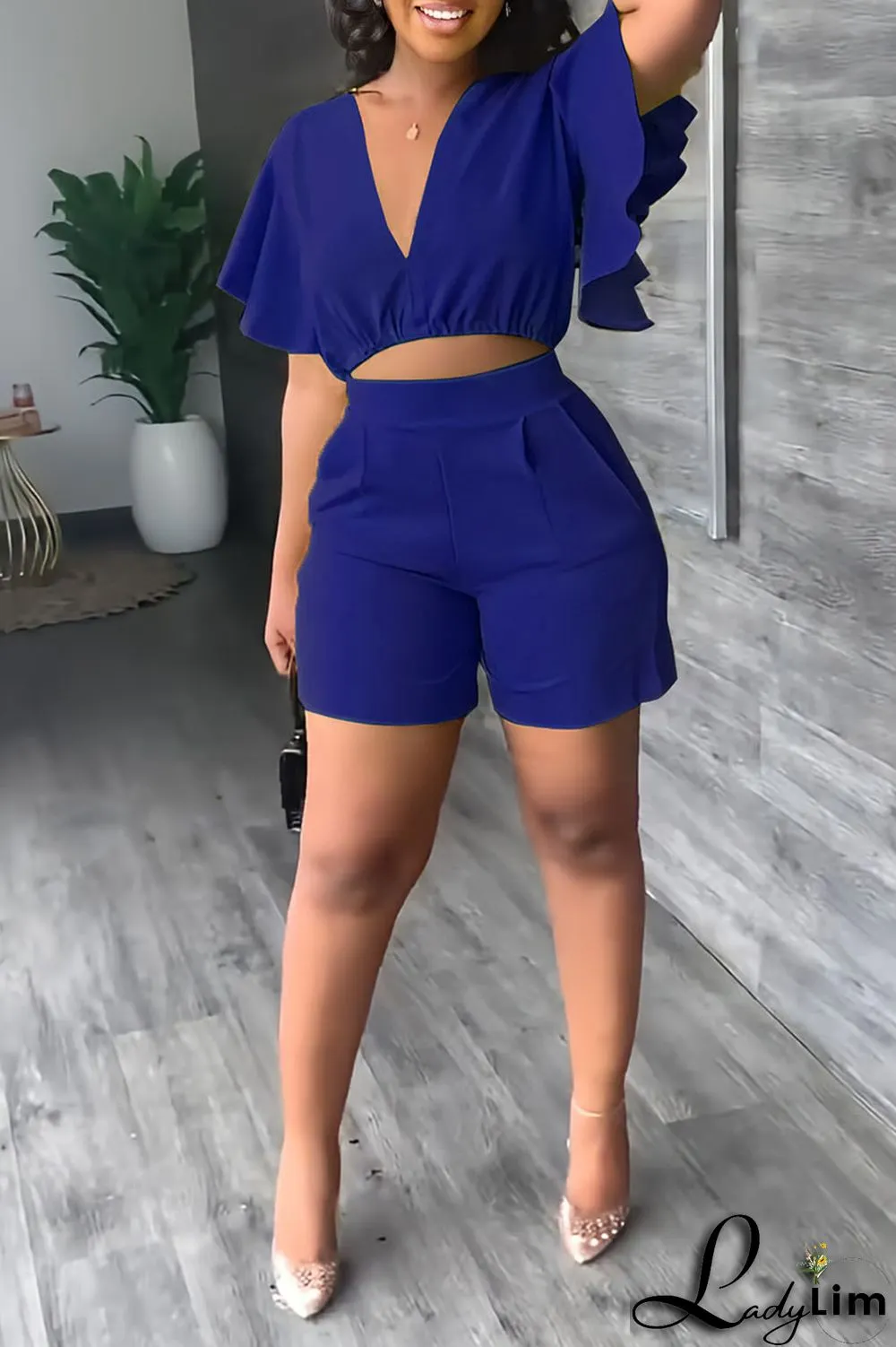 Blue Casual Solid Patchwork Flounce V Neck Short Sleeve Two Pieces
