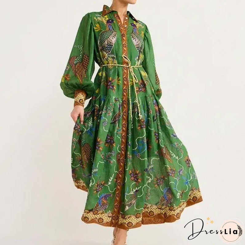 Women's Sleeve Printing Lapel Long Sleeves Large Dresses