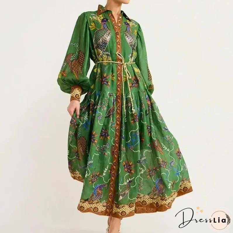 Women's Sleeve Printing Lapel Long Sleeves Large Dresses