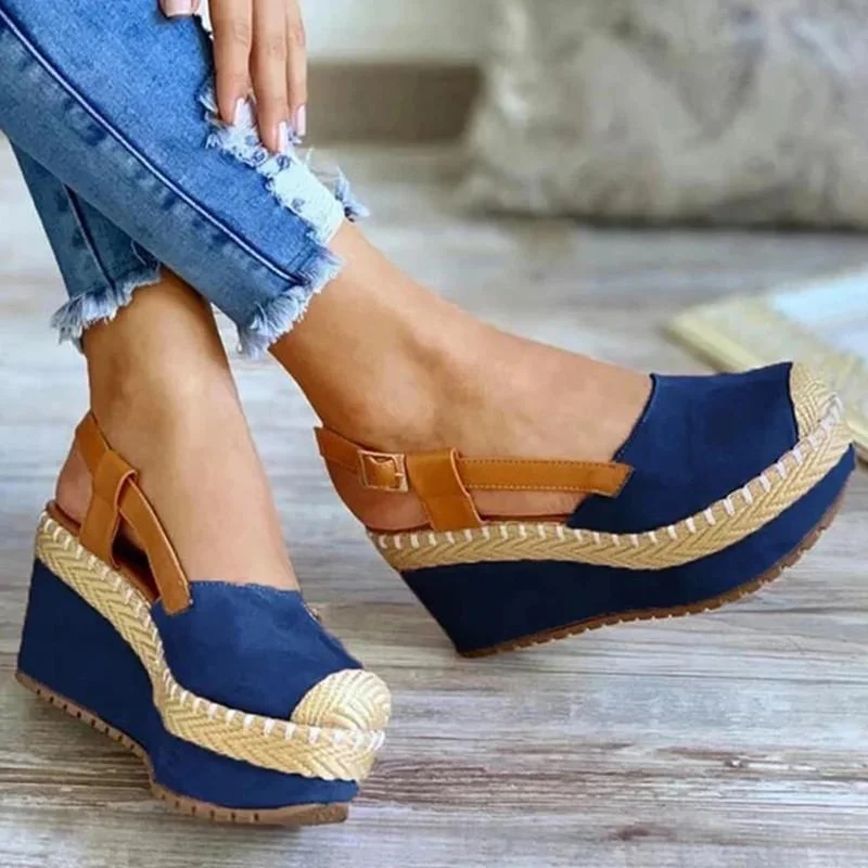 Women's Solid Color Suede Stitching Woven Slope heel Buckle Round Toe High-heeled Fashion Trend Sexy Elegant All-match Sandals