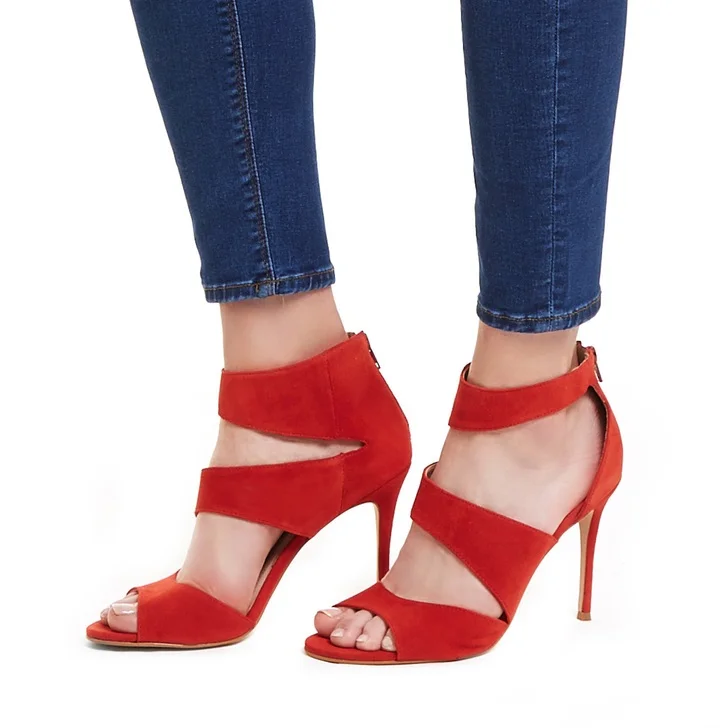 Red Vegan Suede Stiletto Heels Peep Toe Ankle Strap Sandals |FSJ Shoes