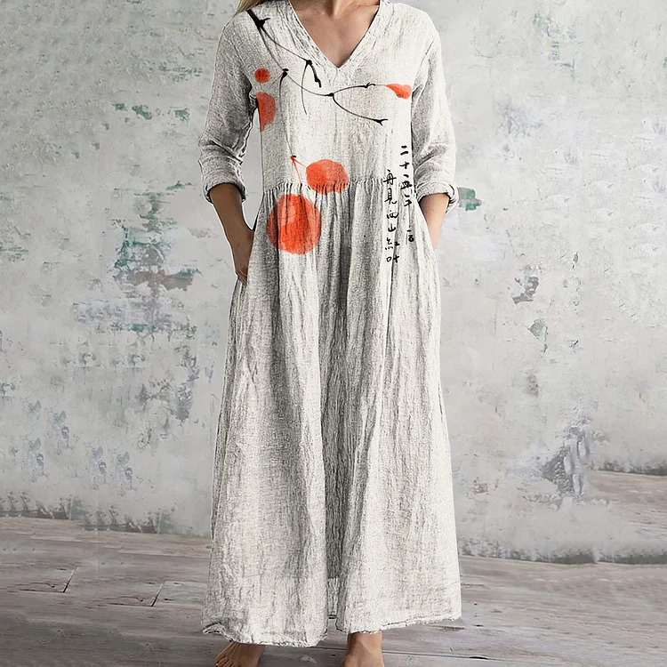 Vintage Floral Art Printed Casual Midi Dress