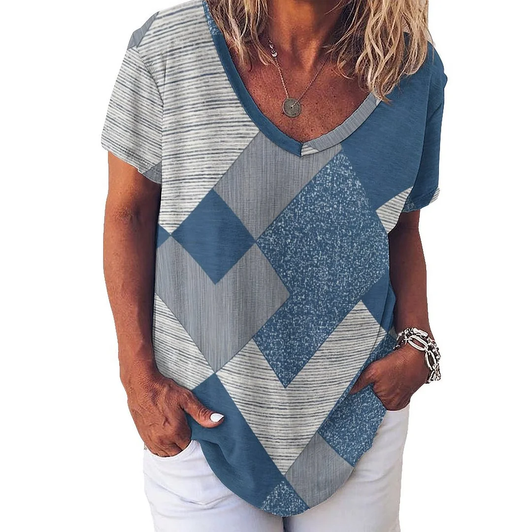 Style & Comfort for Mature Women V-neck Short Sleeve Casual T-shirt for  Women Printed with Pattern Blue, Vintage, Patchwork
