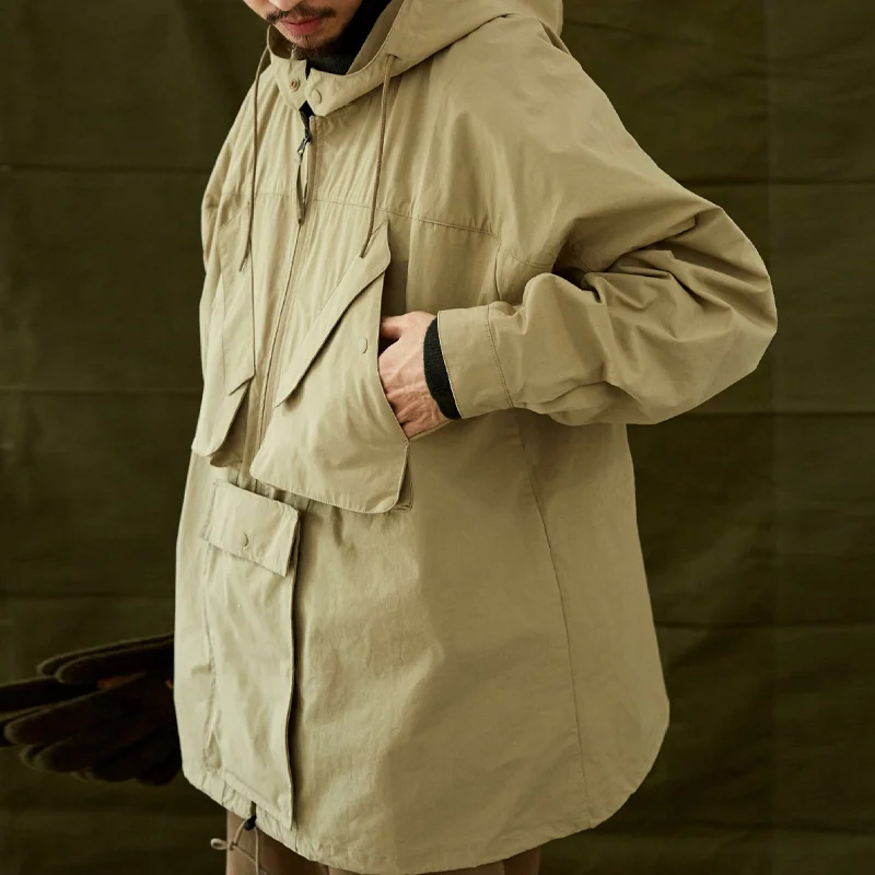 Retro Khaki Functional Pocket Hooded Windbreaker Jacket
