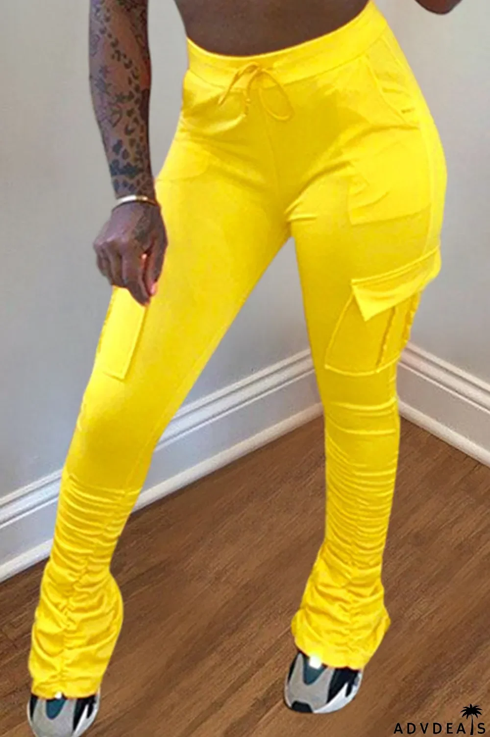 Orange Drawstring High Solid Pocket Draped Boot Cut Pants Bottoms