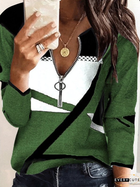 V-Neck Long Sleeve T-Shirt with Color Blocking