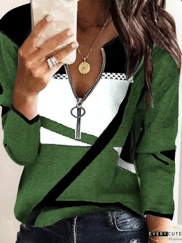 V-Neck Long Sleeve T-Shirt with Color Blocking