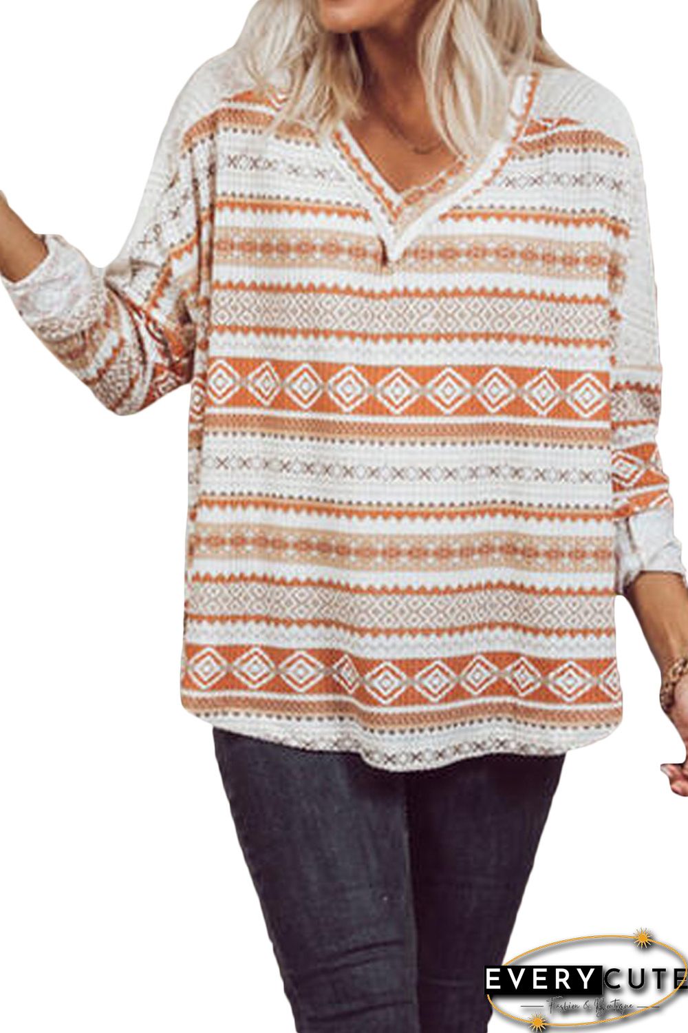 Orange Geometric Print V Neck Long Sleeve Top