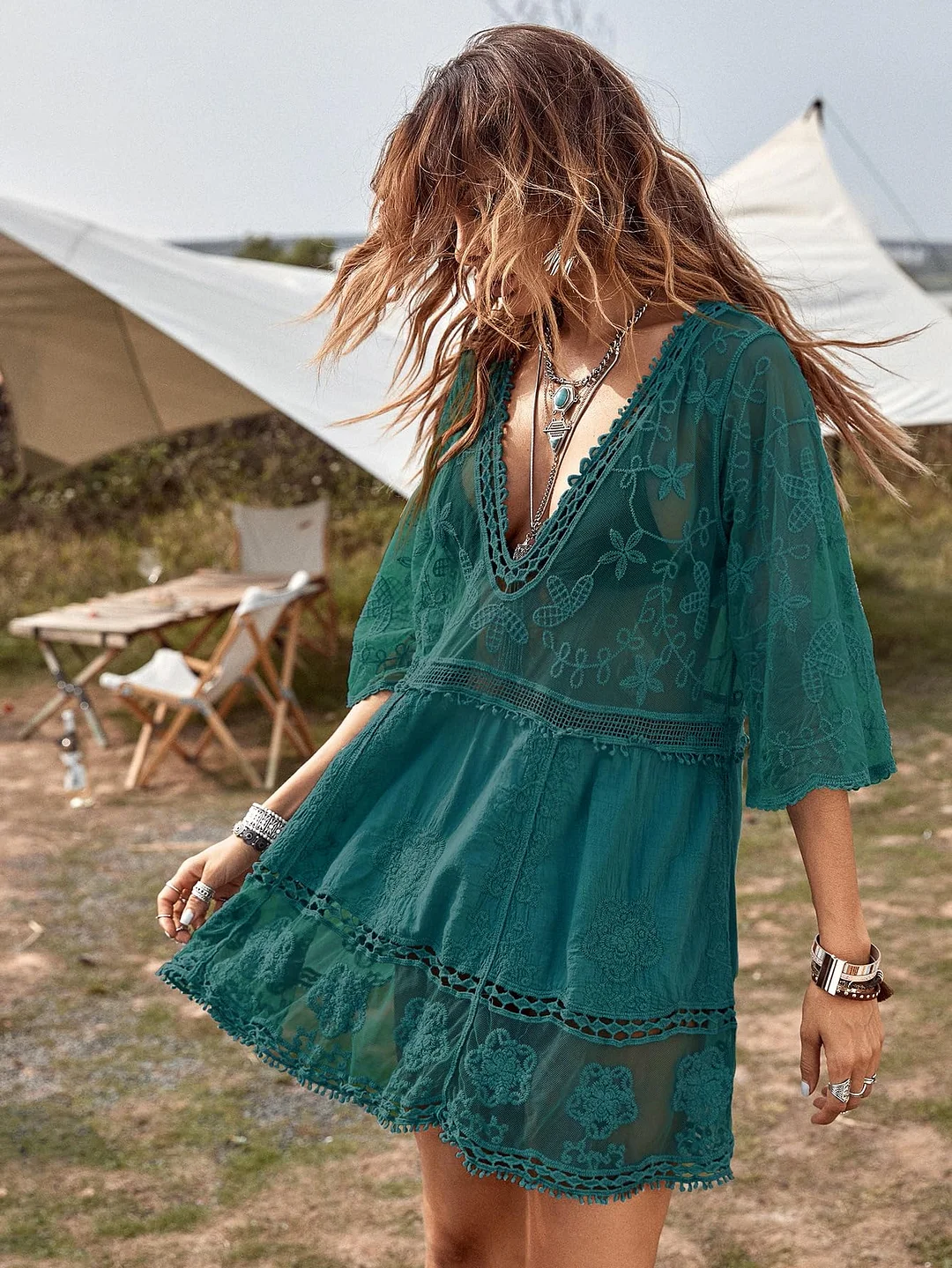 B2prity Women's Contrast Lace Bathing Suit Cover Up V-Neck Swimsuit Coverups Loose Swimwear Beach Dress Beachwear