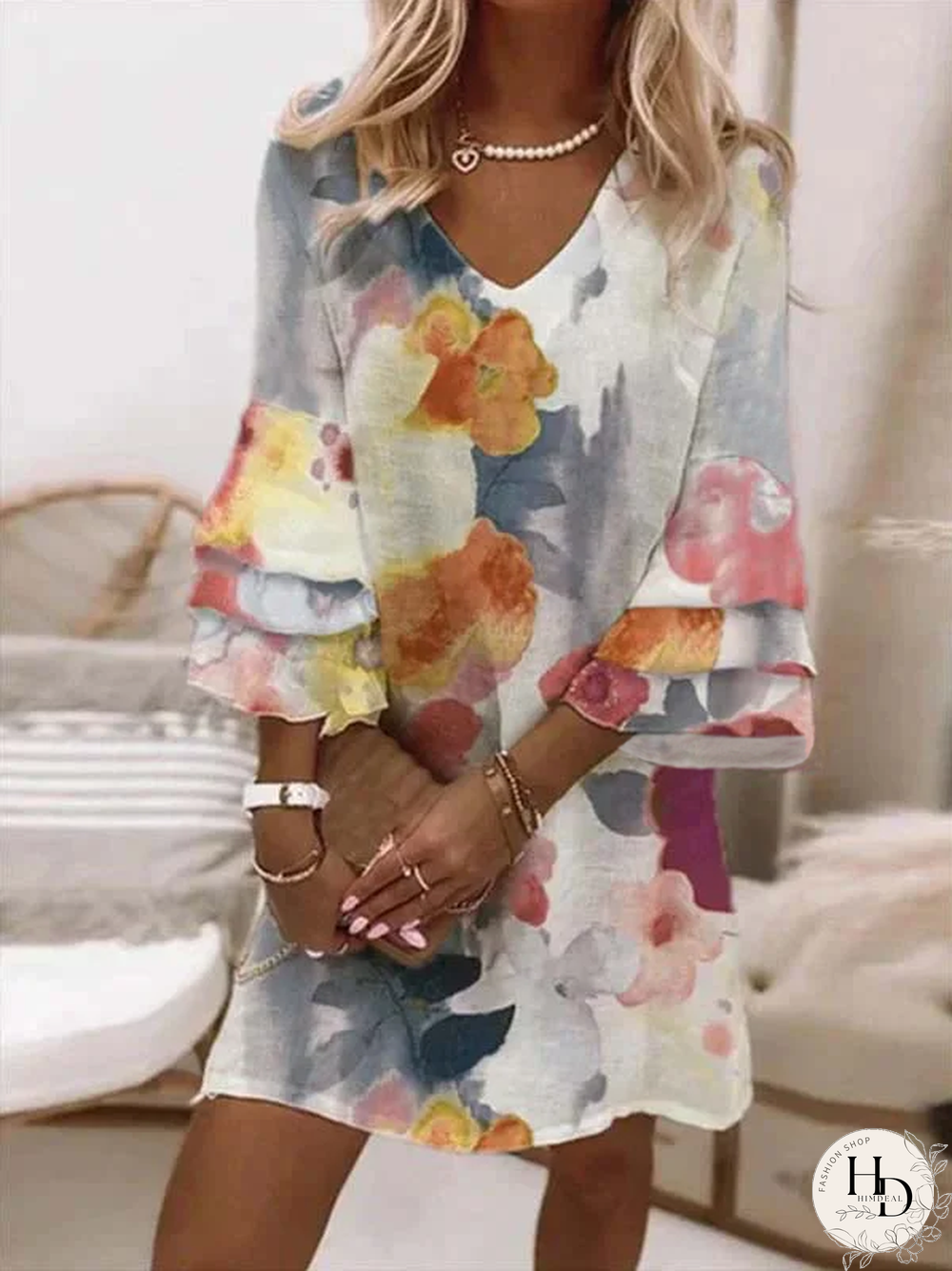 Casual V neck Floral Three Quarter Woven Dress