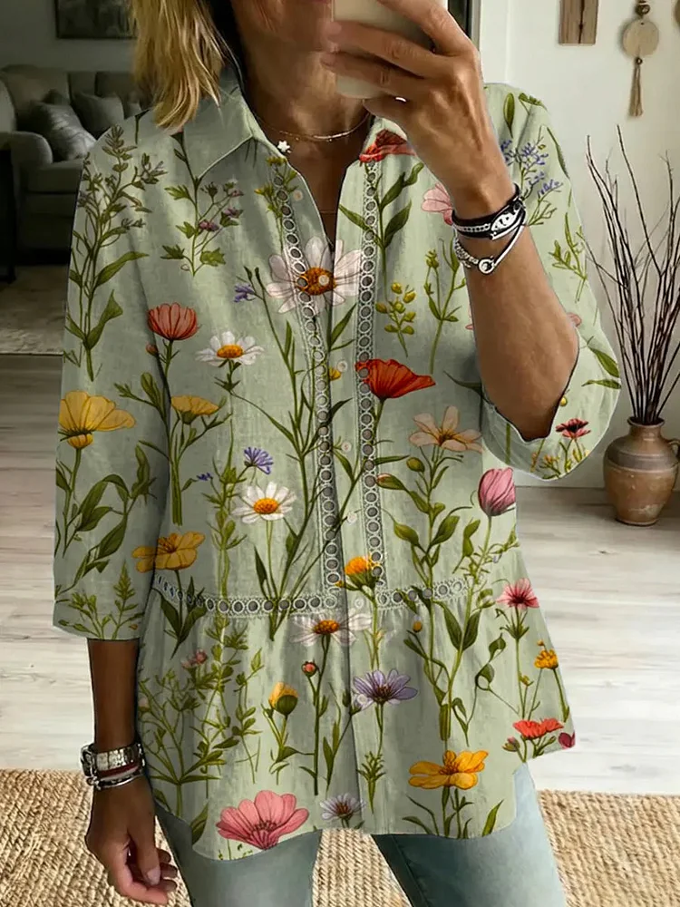 Women's Retro Floral Art Print Casual Lapel Cotton Shirt
