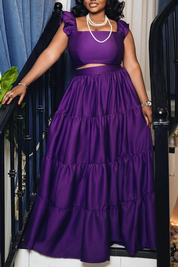 Plus Size Semi Formal Purple Square Neck Ruffle Two Piece Skirt Sets [Pre-Order] 2024 - Xpluswear