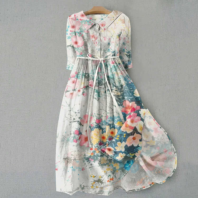 VChics Vintage Floral Print Lapel Midi Dress