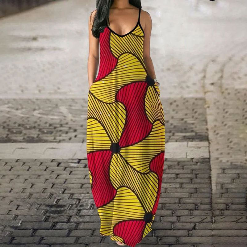 African Geometric Print Suspender Maxi Dress