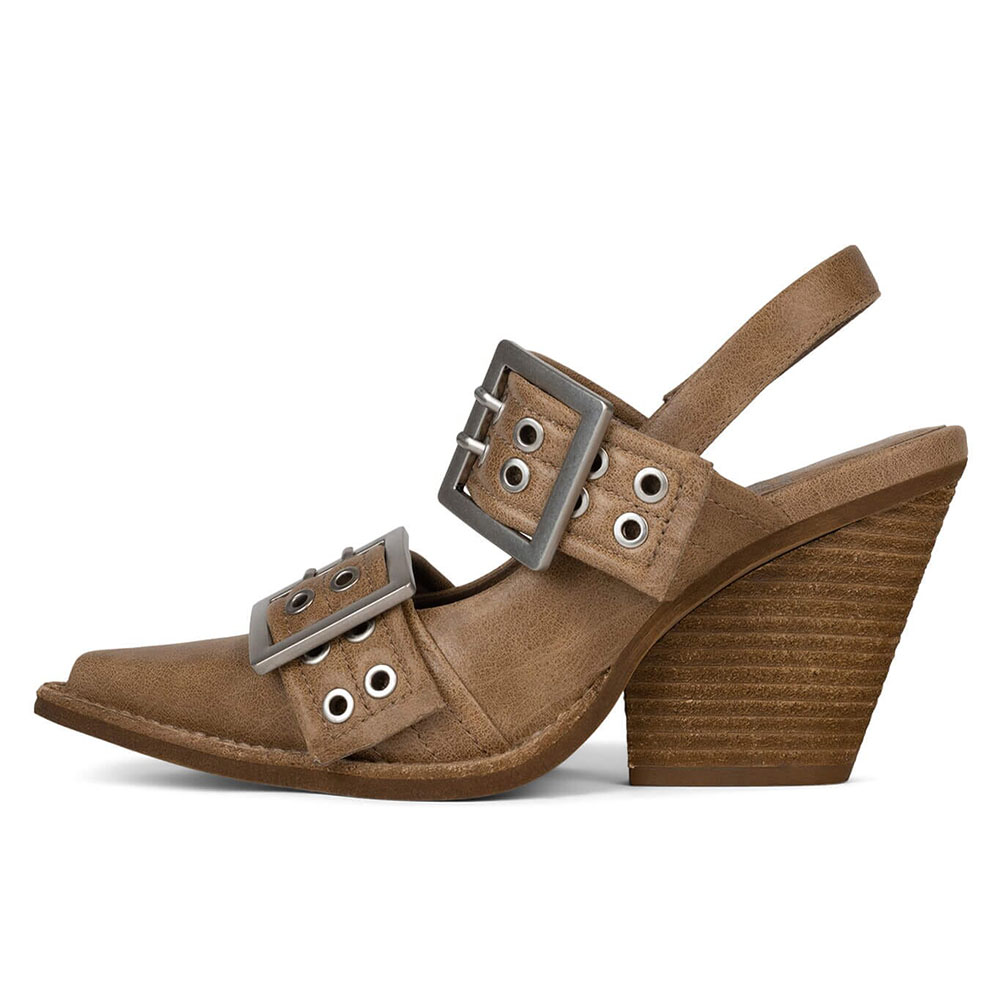 Brown Pointed Toe Chunky Heel Buckle Grommet Strap Slingback Pumps Nicepairs