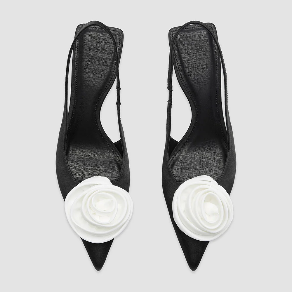 Satin Pointed Toe Rose Decor Stiletto Heel Black Pumps for Women