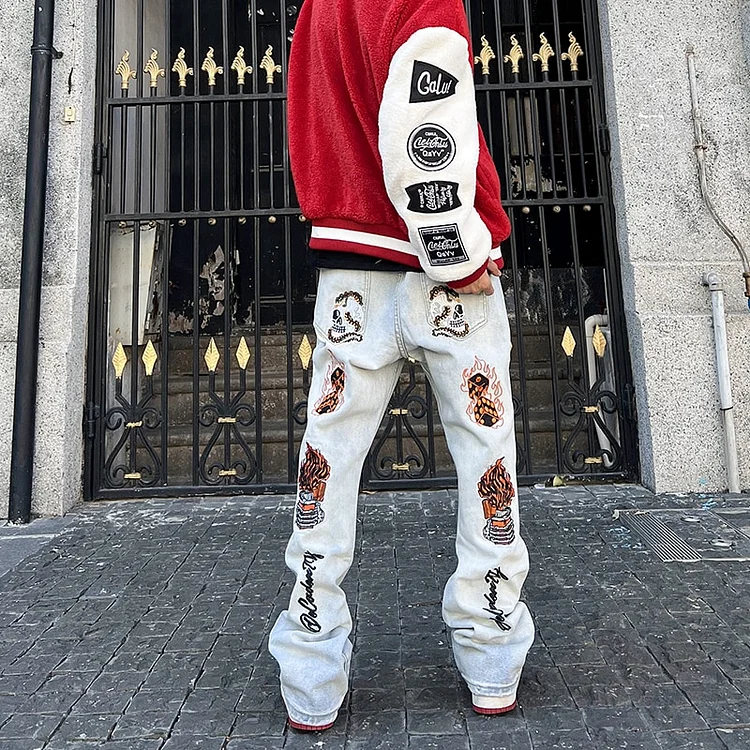 Hip-hop Back Skull Flared Embroidered Streetwear Jeans Elastic Slim Y2k Men's Jeans at Hiphopee