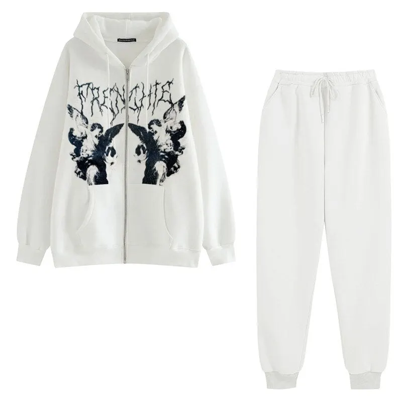 Women Two Piece Sets Angel Dark Print Harajuku Fleece Warm Hoodies High Waisted Pants Autumn Winter Y2k Goth Tracksuit Suit