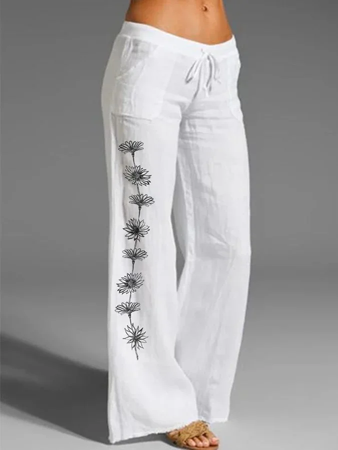 Women's Artistic Floral Print Cotton Linen Wide Leg Pants Casual Trousers