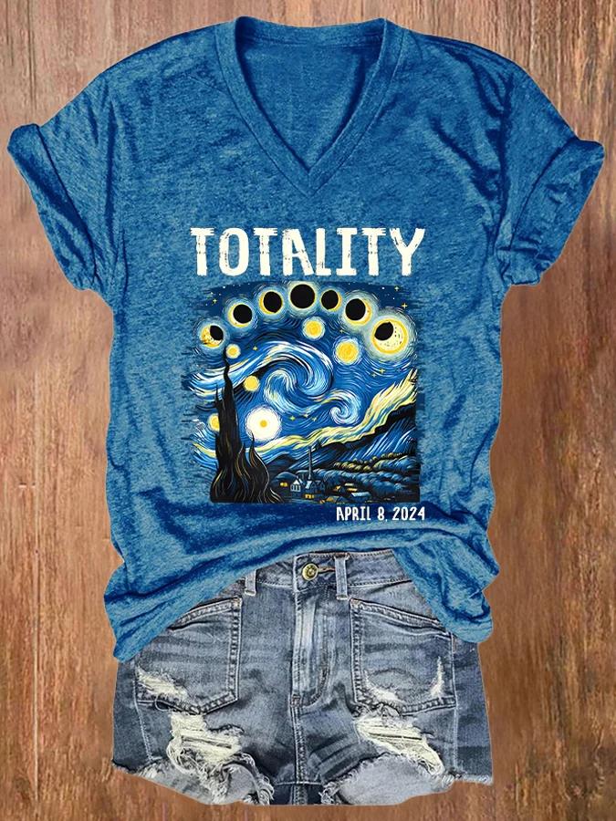 Retro Starry Night Totality Solar Eclipse Of April 8, 2024 Art Casual T-shirt