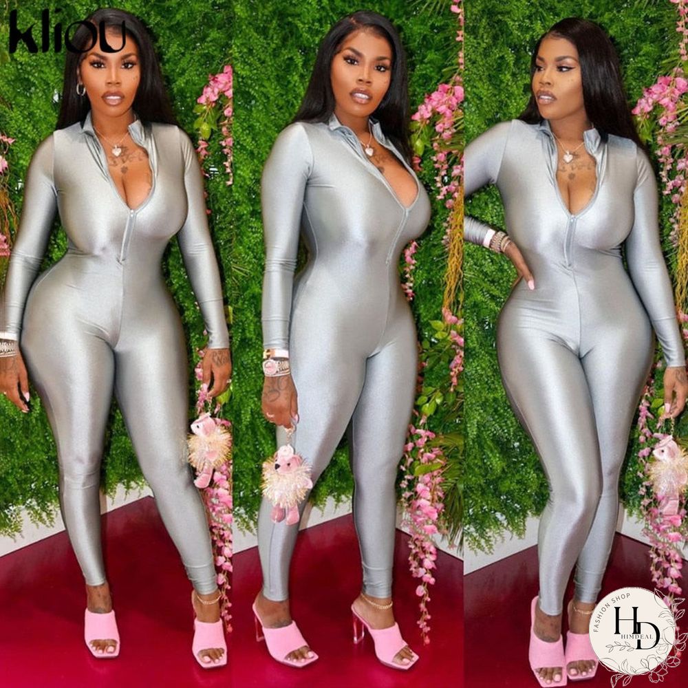 Kliou Zipper Solid Bodycon Womens Jumpsuit New Fashion Streetwear Skinny Long Sleeve One Piece Active Jumpsuits
