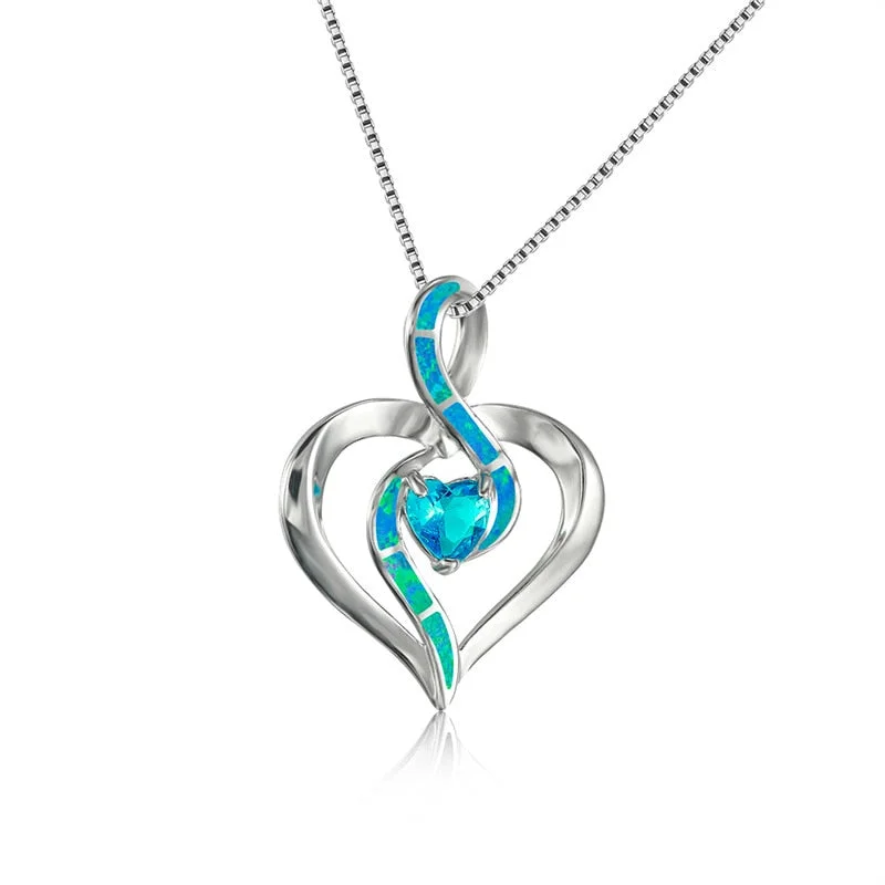 Cute Female Cross Infinity Heart Pendants Necklaces Silver Color Choker Necklace Blue Fire Opal Necklaces For Women