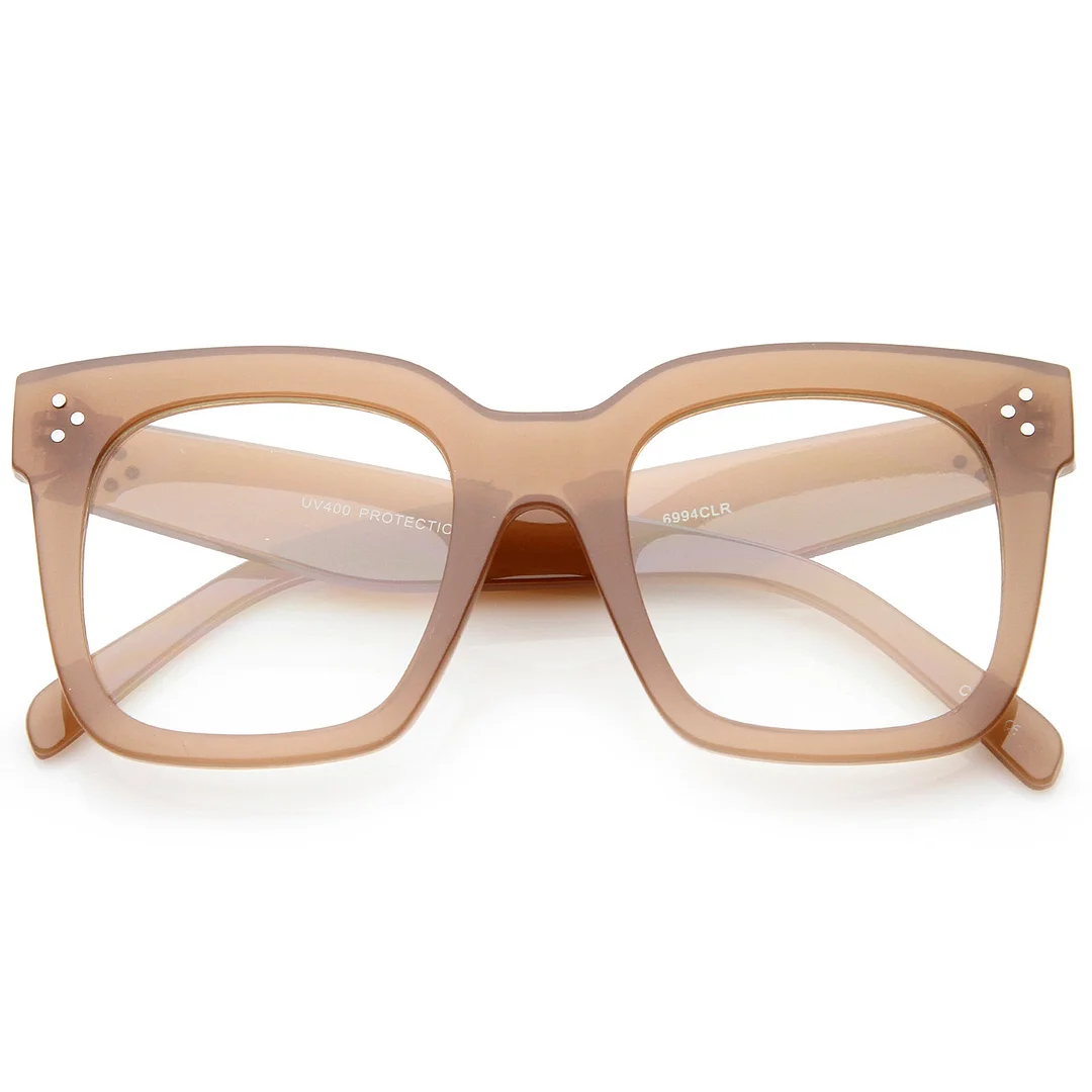 Oversize Wide Temple Flat Lens Horn Rimmed Square Glasses 51mm