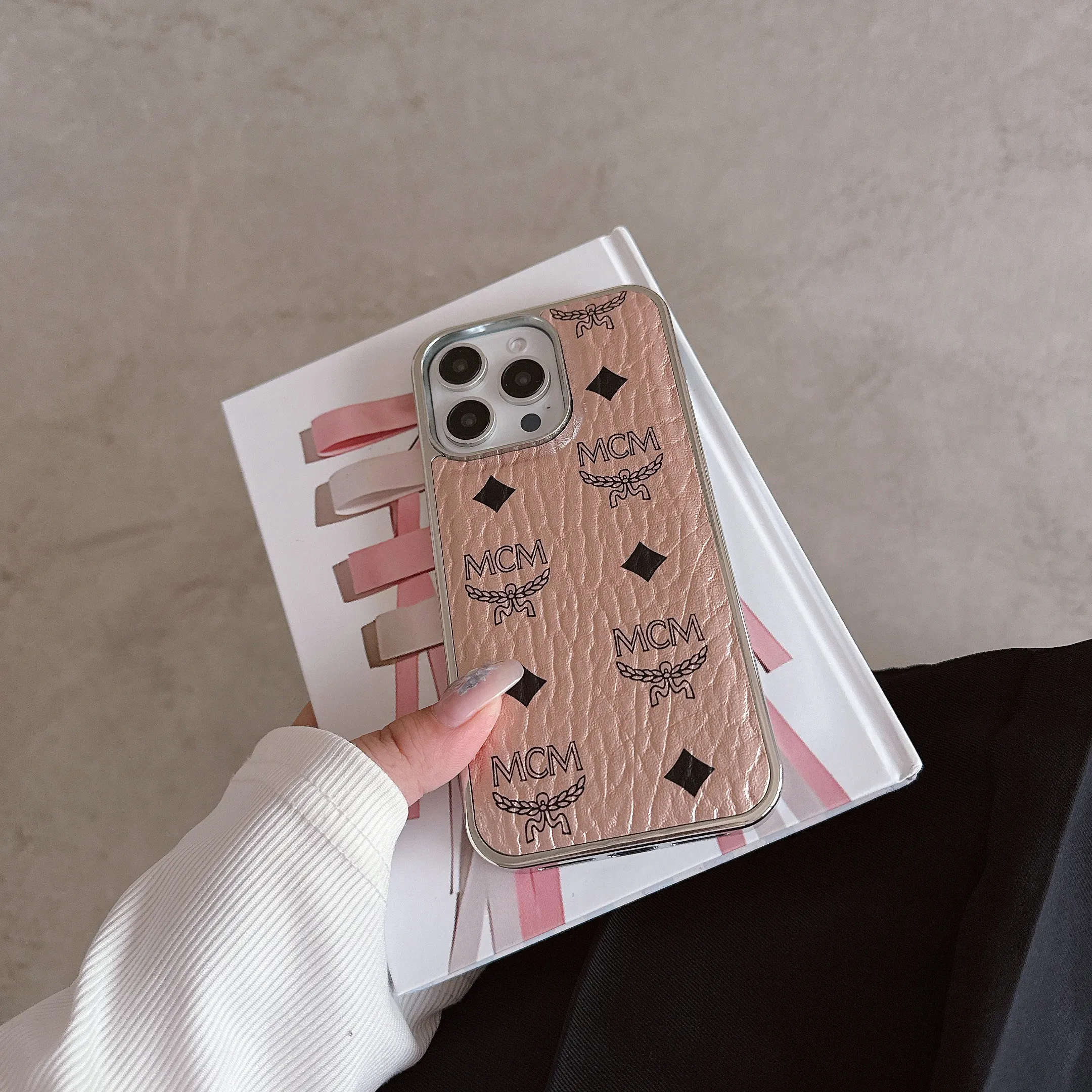 MCM Visetos Monogram Back Leather Apple Frame Plating Protection iPhone Case
