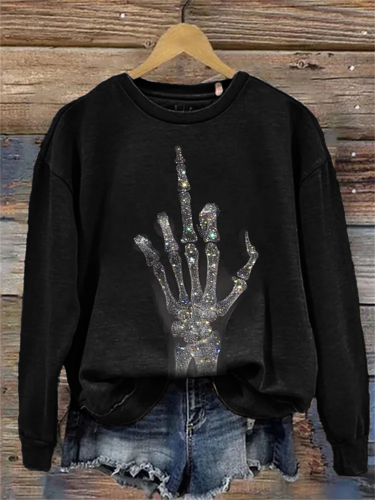 Wearshes Glitter Skeleton Hand Graphic Washed Sweatshirt