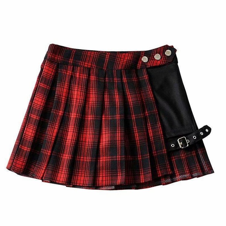 Plaid Pleated Buckle Hollow A-Line Mini Skirt - Modakawa