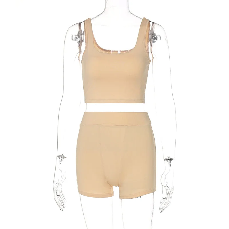 Hugcitar 2021 Summer Solid Silp Sleeveless Navel Top Shorts Set Bodycon Sexy Party Elegant Club Y2K Robe Beach