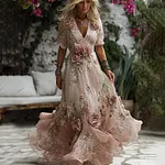 Women's Retro Bohemian Pink Rose Embroidered Art Short Sleeve Midi Dress - Image 2