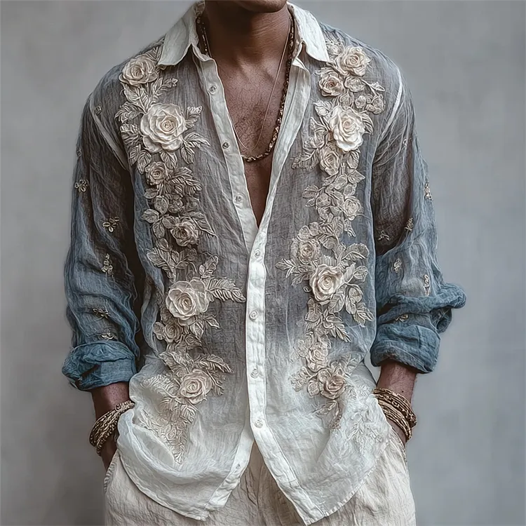Men's Vintage Roses Fiber Art Gradient Linen Shirt