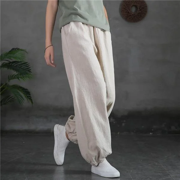 Loose Ramie Elastic Waist Pants Loose Vintage Solid Color Trousers