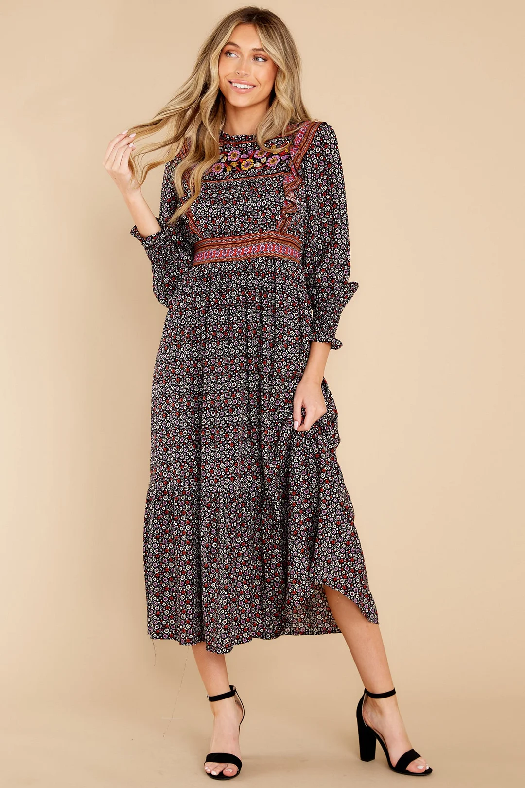 Growing Value Black Floral Print Midi Dress