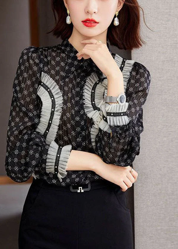 Elegant Black Stand Collar Ruffled Patchwork Print Chiffon Shirts Long Sleeve