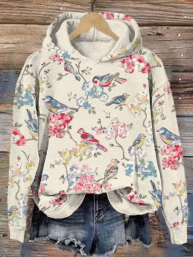  Field Bird & Floral Print Cozy Hoodie Westsshops