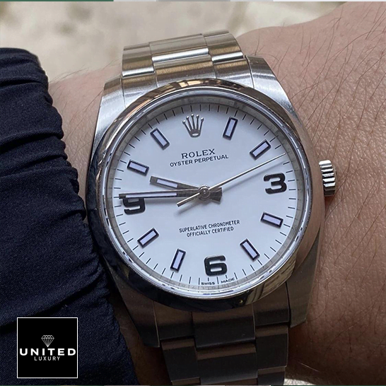 Rolex Air King White Dial Replica on the wrist